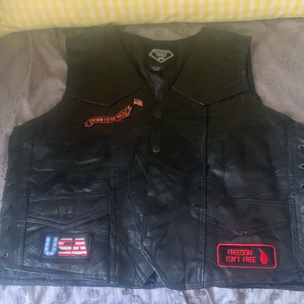 Black leather motorcycle riding vest